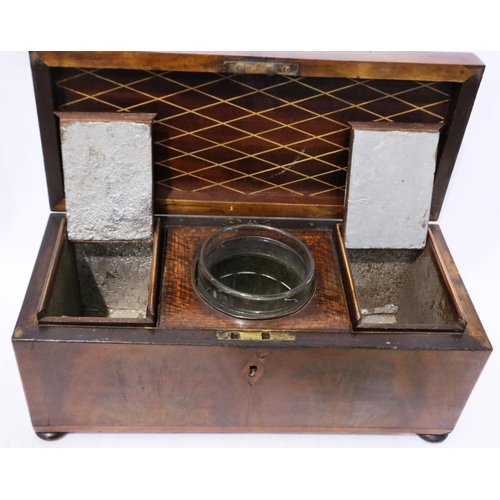 375 - Walnut rectangular tea caddy with boxwood stringing two silvered lidded caddies and glass mixing bow... 