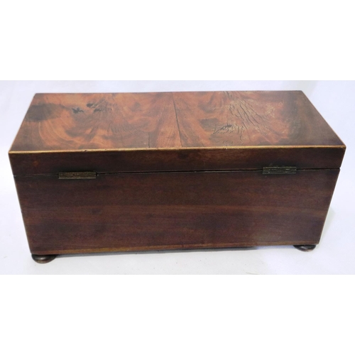 375 - Walnut rectangular tea caddy with boxwood stringing two silvered lidded caddies and glass mixing bow... 