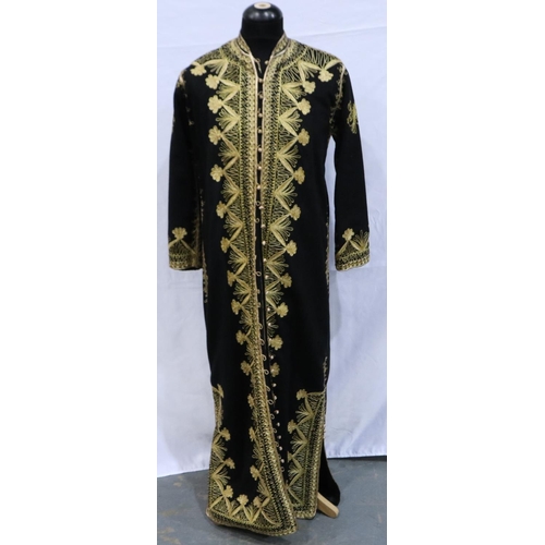 377 - Full length black wool and gold thread hand embroidered coat with intricate design, approximate size... 