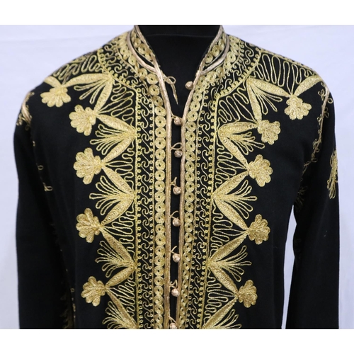 377 - Full length black wool and gold thread hand embroidered coat with intricate design, approximate size... 