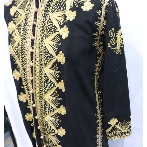 377 - Full length black wool and gold thread hand embroidered coat with intricate design, approximate size... 