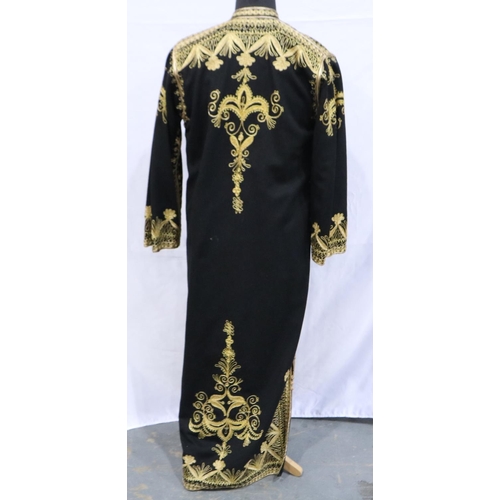 377 - Full length black wool and gold thread hand embroidered coat with intricate design, approximate size... 