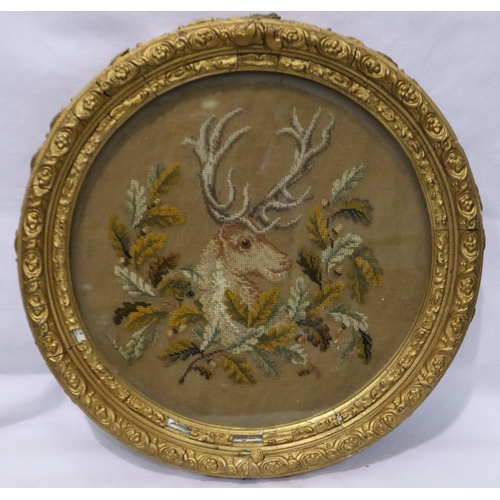 380 - Gilt framed Victorian tapestry of a deer, D: 32 cm. Not available for in-house P&P