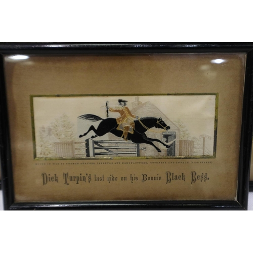 381 - Three framed Stevengraphs: Dick Turpin, Coaching and The Boat Race, 15 x 6 cm. P&P Group 2 (£18+VAT ... 