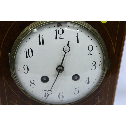 386 - Edwardian inlaid mantel clock lacking pendulum, H: 27 cm. P&P Group 2 (£18+VAT for the first lot and... 