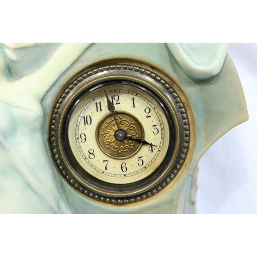 387 - Ceramic Art Noveau clock, working at lotting, H: 30 cm, indistinctly signed. P&P Group 3 (£25+VAT fo... 