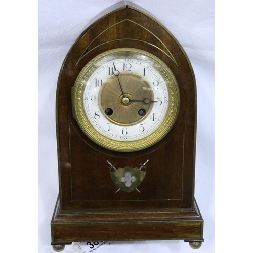 389 - Edwardian inlaid lancet clock by Julus Roles Paris with pendulum, not working at lotting. Not availa... 