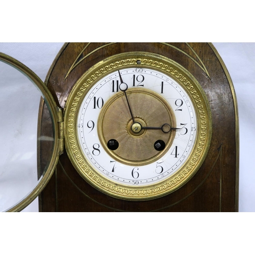 389 - Edwardian inlaid lancet clock by Julus Roles Paris with pendulum, not working at lotting. Not availa... 