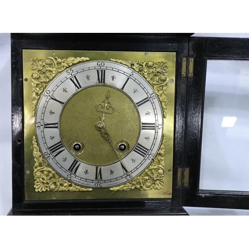 390 - Ebonised chiming bracket clock, with pendulum, H: 31 cm. Not available for in-house P&P