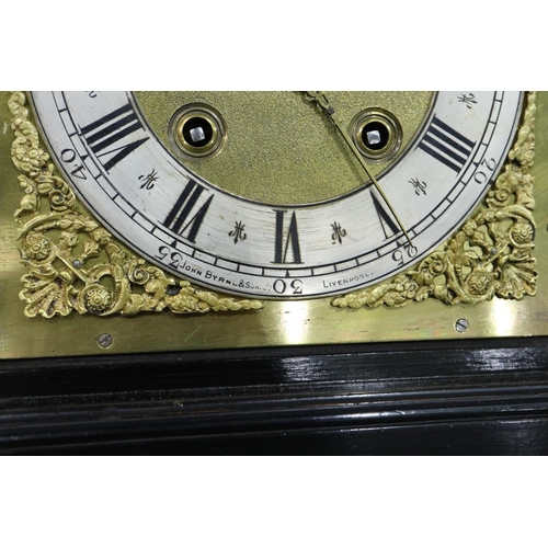 390 - Ebonised chiming bracket clock, with pendulum, H: 31 cm. Not available for in-house P&P