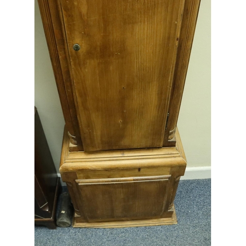 393 - 20th century pine cased reproduction long case clock with quartz movement, working at lotting, H: 20... 