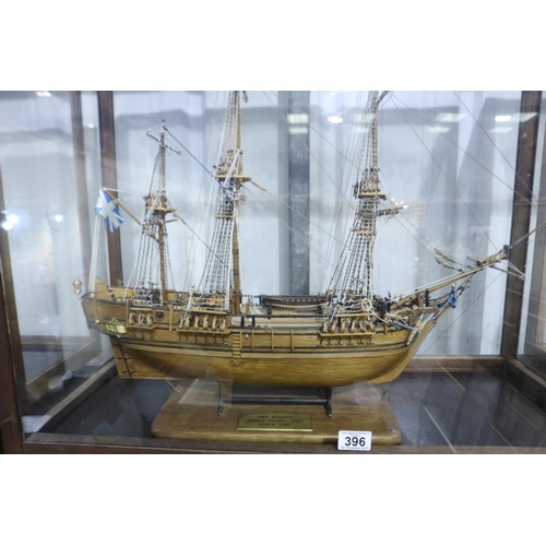 396 - Glass cased handmade wooden model of HMS Bounty armed vessel 1787, museum quality build, 1/60 scale ... 