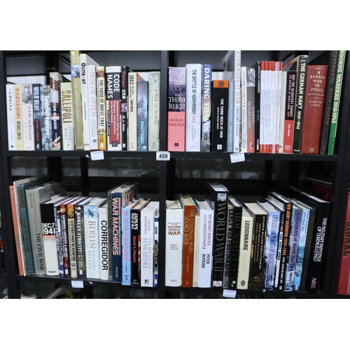 408 - Four shelves of books on military history. Not available for in-house P&P