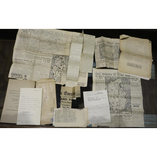 419 - London period Fire Watchers diary for June 17th 1944 and newspaper clippings relating to fires in Lo... 