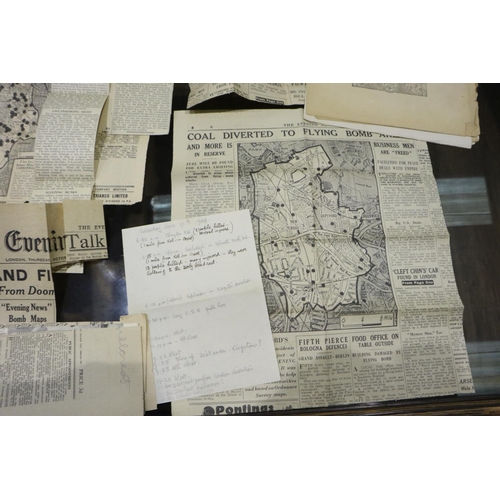 419 - London period Fire Watchers diary for June 17th 1944 and newspaper clippings relating to fires in Lo... 