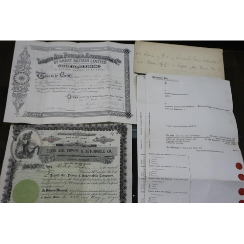 420 - Two Liquid Air, Power and Automobile co shares certificates from 1902 and 1904 and other related eph... 