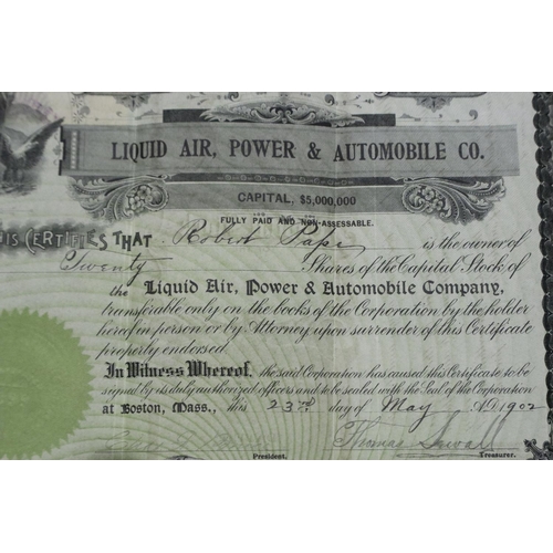 420 - Two Liquid Air, Power and Automobile co shares certificates from 1902 and 1904 and other related eph... 