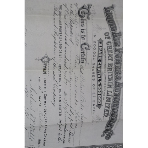 420 - Two Liquid Air, Power and Automobile co shares certificates from 1902 and 1904 and other related eph... 