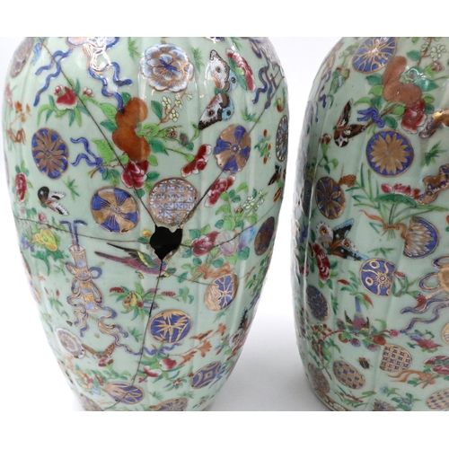 186 - Pair of Chinese enamelled vases, one re-glued, H: 66 cm, one with 30 cm crack down to centre. Enamel... 