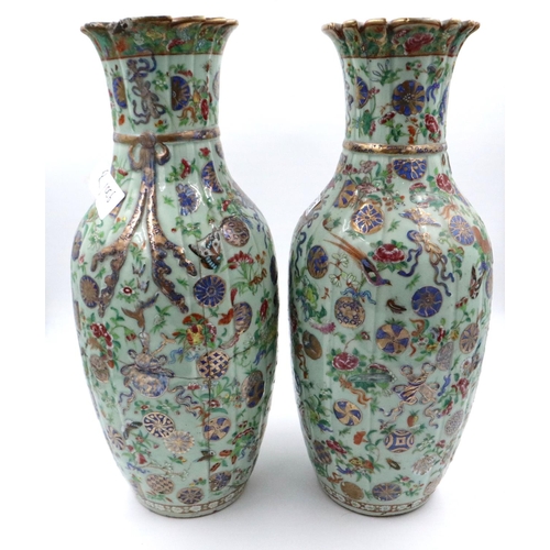 186 - Pair of Chinese enamelled vases, one re-glued, H: 66 cm, one with 30 cm crack down to centre. Enamel... 