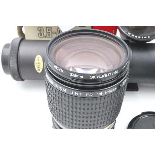 185 - Lenses: Canon Zoom 35-105, boxed, Tamron Zoom macro 8700029, Photax 500mm long-range number 74939 an... 