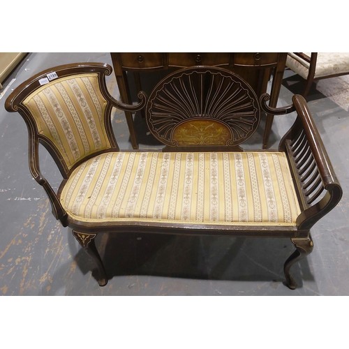 2189 - A 19th century parlour settee, with inlaid circular panelled back rest and further inlaid frame. Rep... 