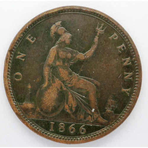 3011 - 1866 Queen Victoria bronze penny. P&P Group 0 (£5+VAT for the first lot and £1+VAT for subsequent lo... 