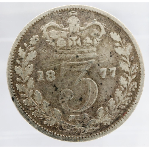 3015 - 1877 silver threepence of Queen Victoria. P&P Group 0 (£5+VAT for the first lot and £1+VAT for subse... 