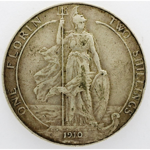 3052 - 1910 Edward VII silver florin. P&P Group 0 (£5+VAT for the first lot and £1+VAT for subsequent lots)