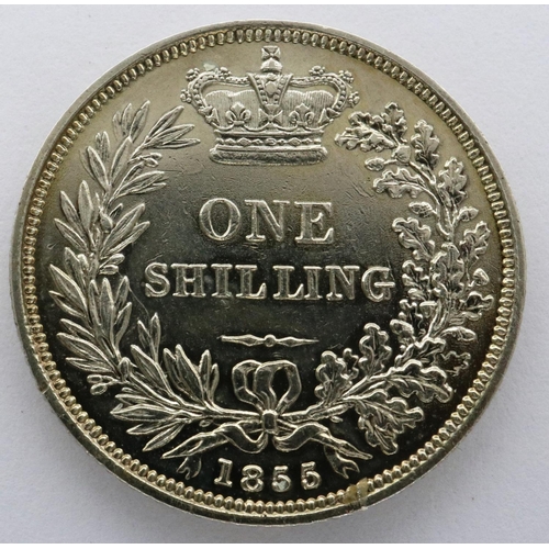 3077 - 1855 Queen Victoria silver shilling. P&P Group 0 (£5+VAT for the first lot and £1+VAT for subsequent... 