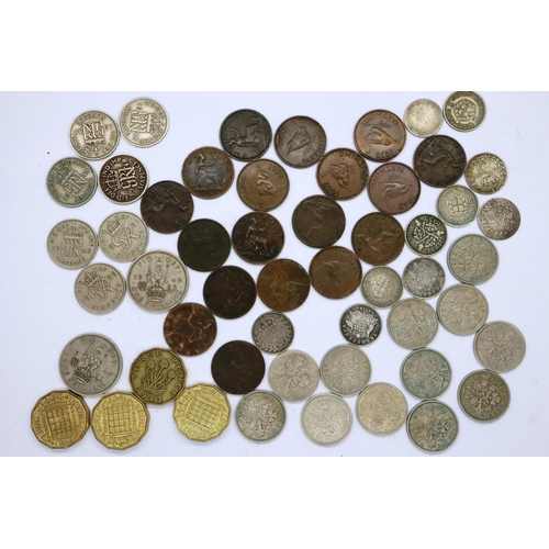 3108 - Selection of mixed UK coinage including ten threepences, seven sixpences and eighteen farthings. P&P... 