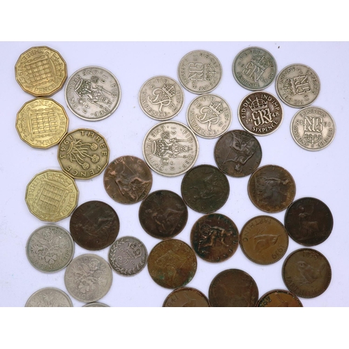 3108 - Selection of mixed UK coinage including ten threepences, seven sixpences and eighteen farthings. P&P... 