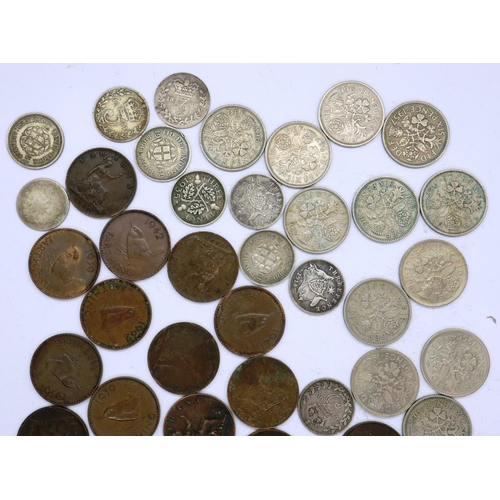 3108 - Selection of mixed UK coinage including ten threepences, seven sixpences and eighteen farthings. P&P... 