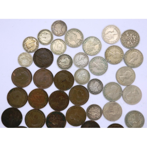 3108 - Selection of mixed UK coinage including ten threepences, seven sixpences and eighteen farthings. P&P... 