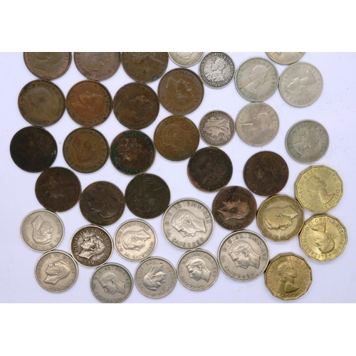 3108 - Selection of mixed UK coinage including ten threepences, seven sixpences and eighteen farthings. P&P... 