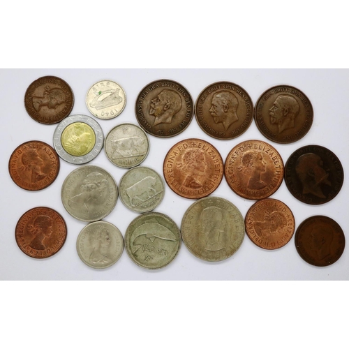 3110 - Selection of mixed coinage including 1967 half crown and six one pennies from 1906-1967 and foreign ... 