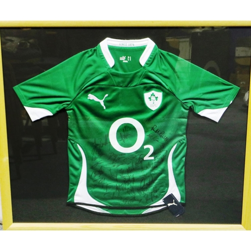 2042 - Framed IRFU green Puma shirt, O2, signed by the 2010 team, 103 x 89 cm. P&P Group 1 (£14+VAT for the... 