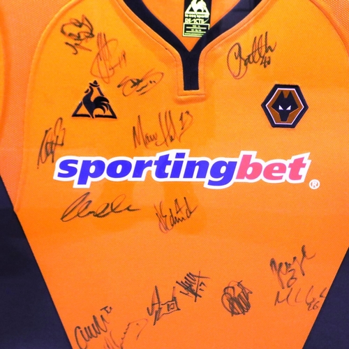 2043 - Framed Wolverhampton wanderers FC rugby orange Le Coq Sportif shirt/Sporting Bet, signed, 76 x 89 cm... 