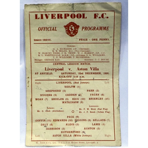 2050 - Liverpool FC Central Ledge programme v Aston Villa 27 December 1950. P&P Group 1 (£14+VAT for the fi... 