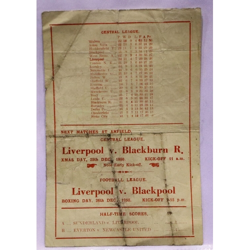 2050 - Liverpool FC Central Ledge programme v Aston Villa 27 December 1950. P&P Group 1 (£14+VAT for the fi... 