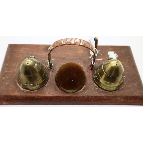 2076 - A trench art desk stand comprising two shell fuses converted to inkwells and blotter, with faults.  ... 