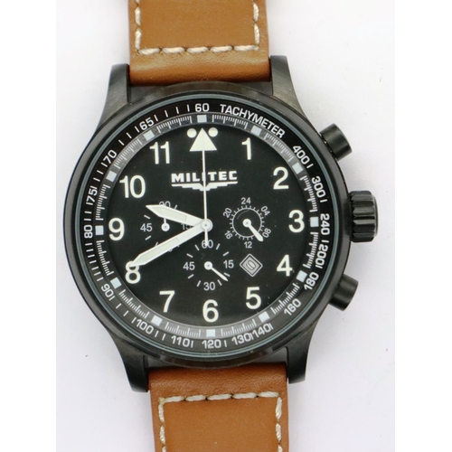 2082 - Militec: gents chronograph wristwatch, date aperture and black dial with tachymeter bezel, tan leath... 