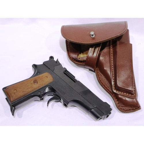 2084 - Brown leather holster for a Browning Hi-Power pistol (dummy pistol within) and map pouch. P&P Group ... 