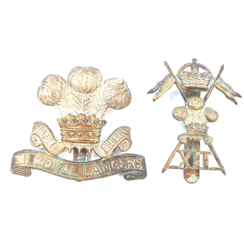 2205 - Two 12th Royal Lancers WWI cap badges and two further cap badges. P&P Group 1 (£14+VAT for the first... 