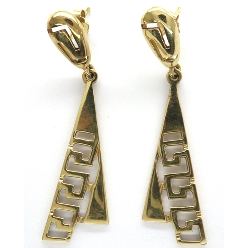 10 - Pair of 14ct gold Grecian style earrings, each L: 55 mm, combined 6.9g. P&P Group 1 (£14+VAT for the... 