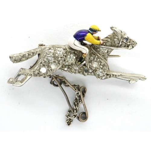 106 - Antique platinum, diamond and enamel race horse and jockey brooch, with safety chain, L: 31 mm, 8.4g... 