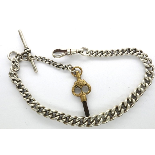 130 - Hallmarked silver half Albert watch chain and key, L: 26 cm, 29g. P&P Group 1 (£14+VAT for the first... 