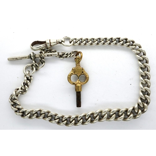 130 - Hallmarked silver half Albert watch chain and key, L: 26 cm, 29g. P&P Group 1 (£14+VAT for the first... 