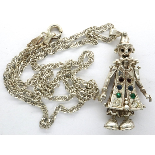 15 - Silver articulated clown (unmarked) on a 925 silver chain, chain L: 45 mm, combined 9g. P&P Group 1 ... 