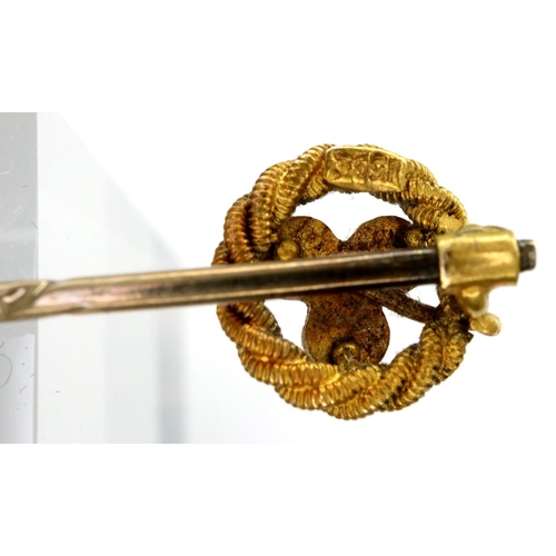 25 - 15ct gold stick pin set with seed pearls, L: 50 mm, 1.5g. P&P Group 1 (£14+VAT for the first lot and... 